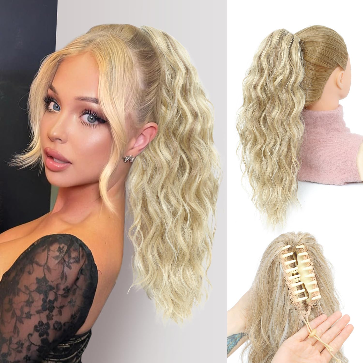 FINE PLUS 18inch Ponytail Extension Highlights Curly Wave Claw Clip in Ponytail Hair Extensions for Black Women Brown with Blonde Pony Tail Hair Hairpieces for Daily Party Use Curly Ponytail Extension — image 1