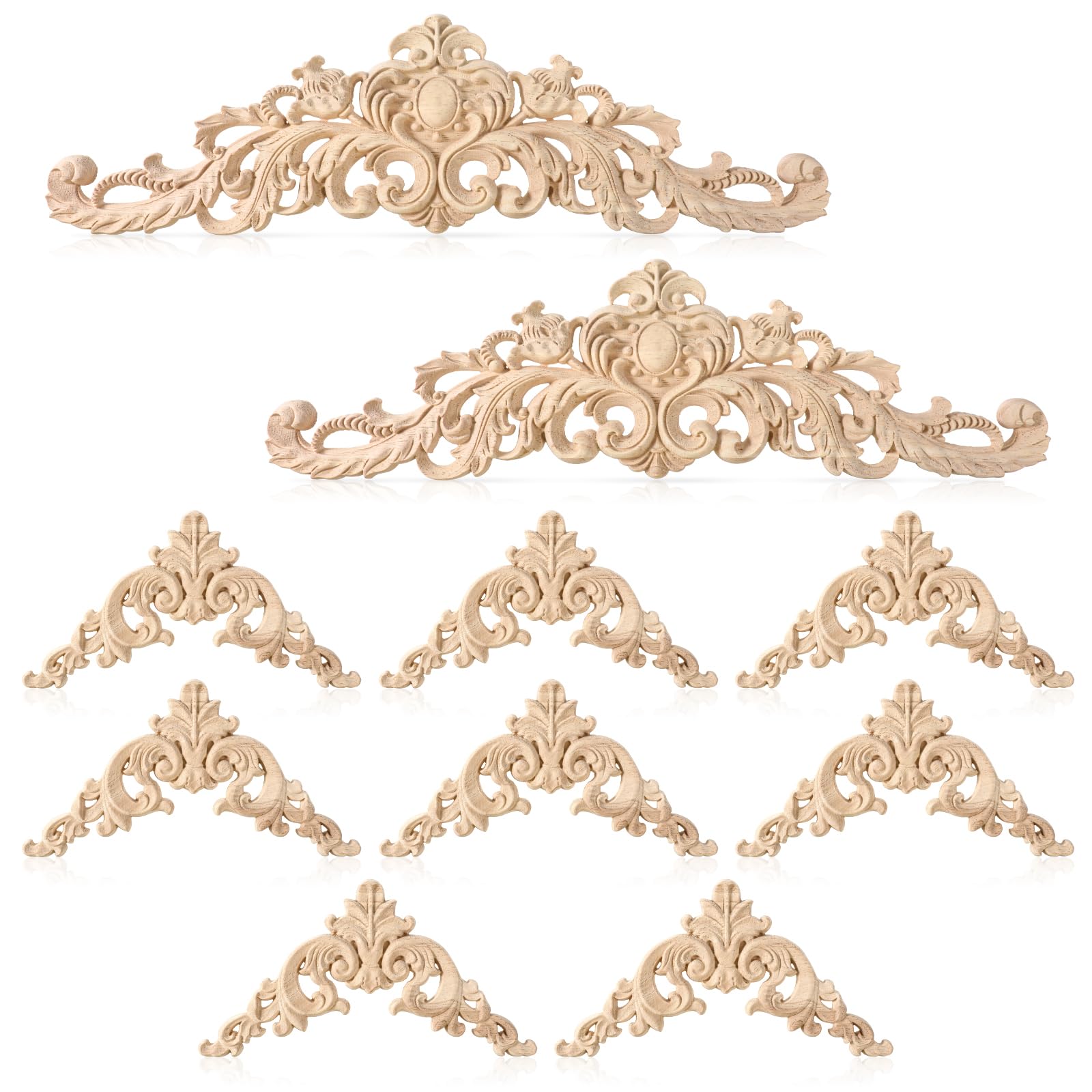 Photo 1 of 10Pcs Wood Appliques and Onlays for Furniture Decorative Wooden Appliques Wood Carved Applique Onlays Large, 2 Sizes DIY Long Wooden Carving for Wall Cupboard Bed Door Cabinet Wardrobe Decoration