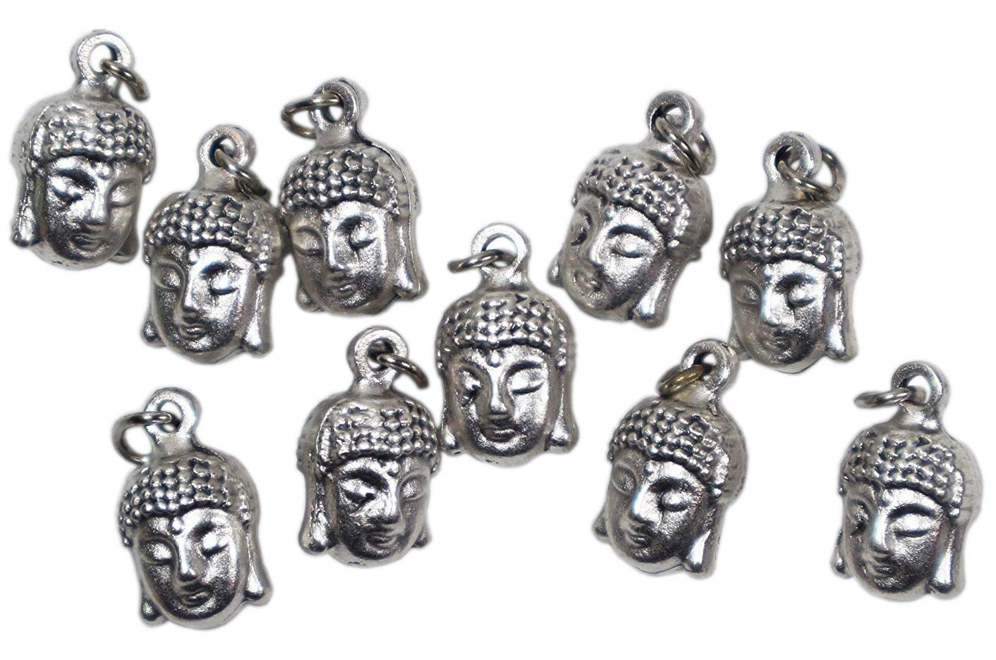 Buddha Head Good Lucky Charms - Silver plated Pendants for favors, jewelry making, DIY bracelets, earrings and decorations - h 0,59 inch - 10 pieces