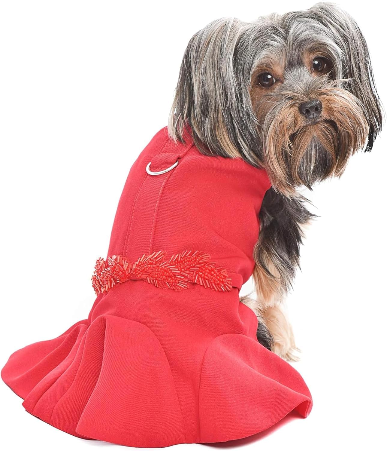 Parisian Pet Designer Embellished Red Flounce Dog Dress Holiday Party Special Occasion Dresses for Pets