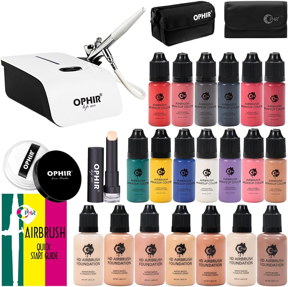 OPHIR Airbrush Makeup Kit with Compressor, Foundation, Blush & Eyeshadow | Includes 7 Foundation Shades & 13 Blush Eyeshadow