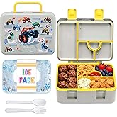 rockpapa 5 Compartment Bento Lunch Box with Ice Pack for Kids, Leak Proof, Dishwasher Safe, BPA Free Materials, 47oz Snack Bento Box with Utensils & Handle for Boys Girls Ages 3+ (Grey Trucks)