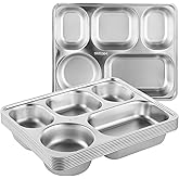 OMISTAR 8 Pcs Stainless Steel Divided Plates, Rectangular 5 Sections Portion Control Plates, Metal Food Tray for Lunch, Dinner, Campers, Picky Eaters, Unbreakable Lunch Container without Mixing Foods