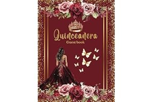 Quinceanera Guest Book Burgundy, Elegant Red Pink Floral Roses with Quinceanera Crown Tiara Gold and Doll Dress Gown Decoration: Cute Butterfly ... Memory Keepsake Photo for 15th Birthday Party