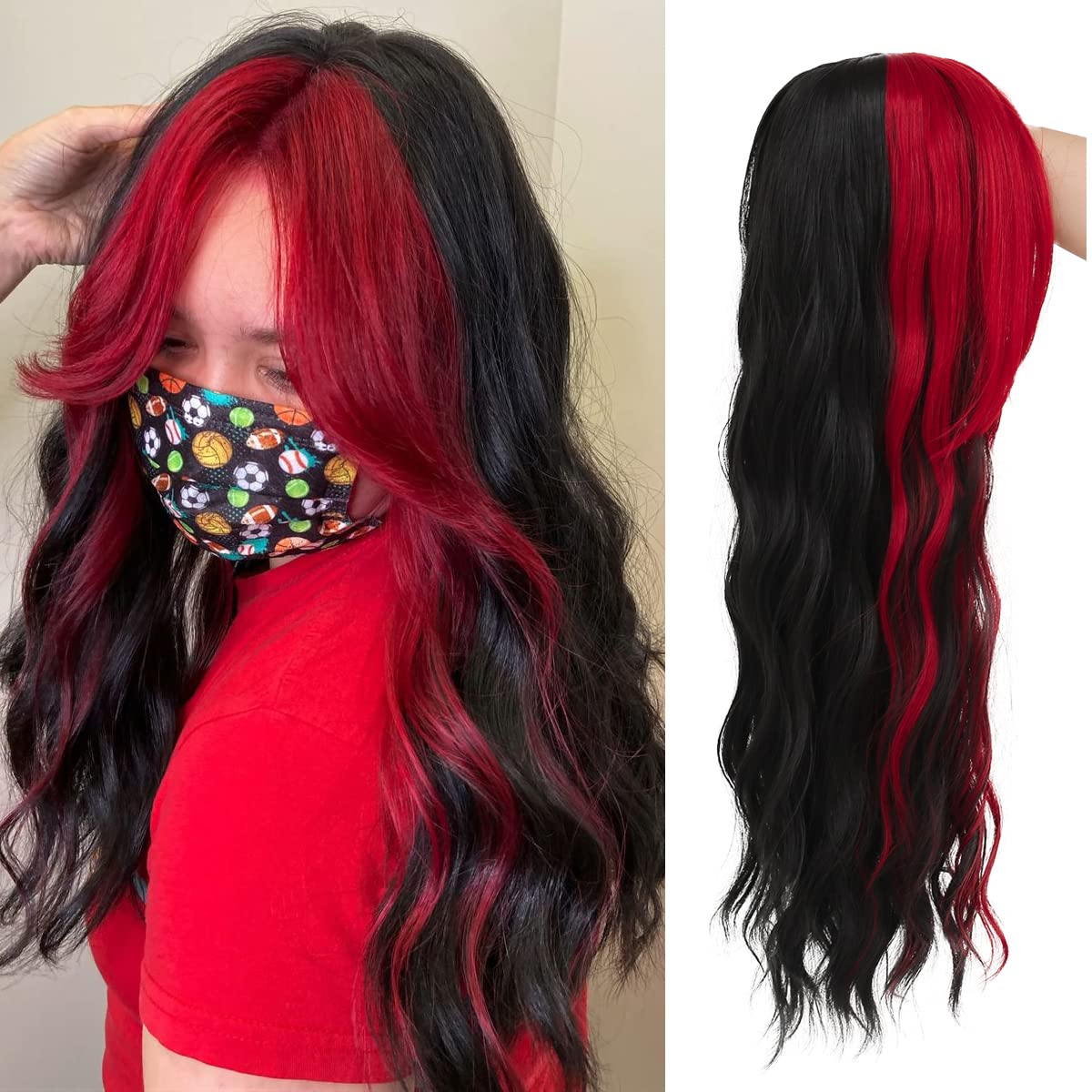 Baruisi Black and Red Long Curly Wavy Middle Part Synthetic Cosplay Wig for Women - Halloween Daily Party