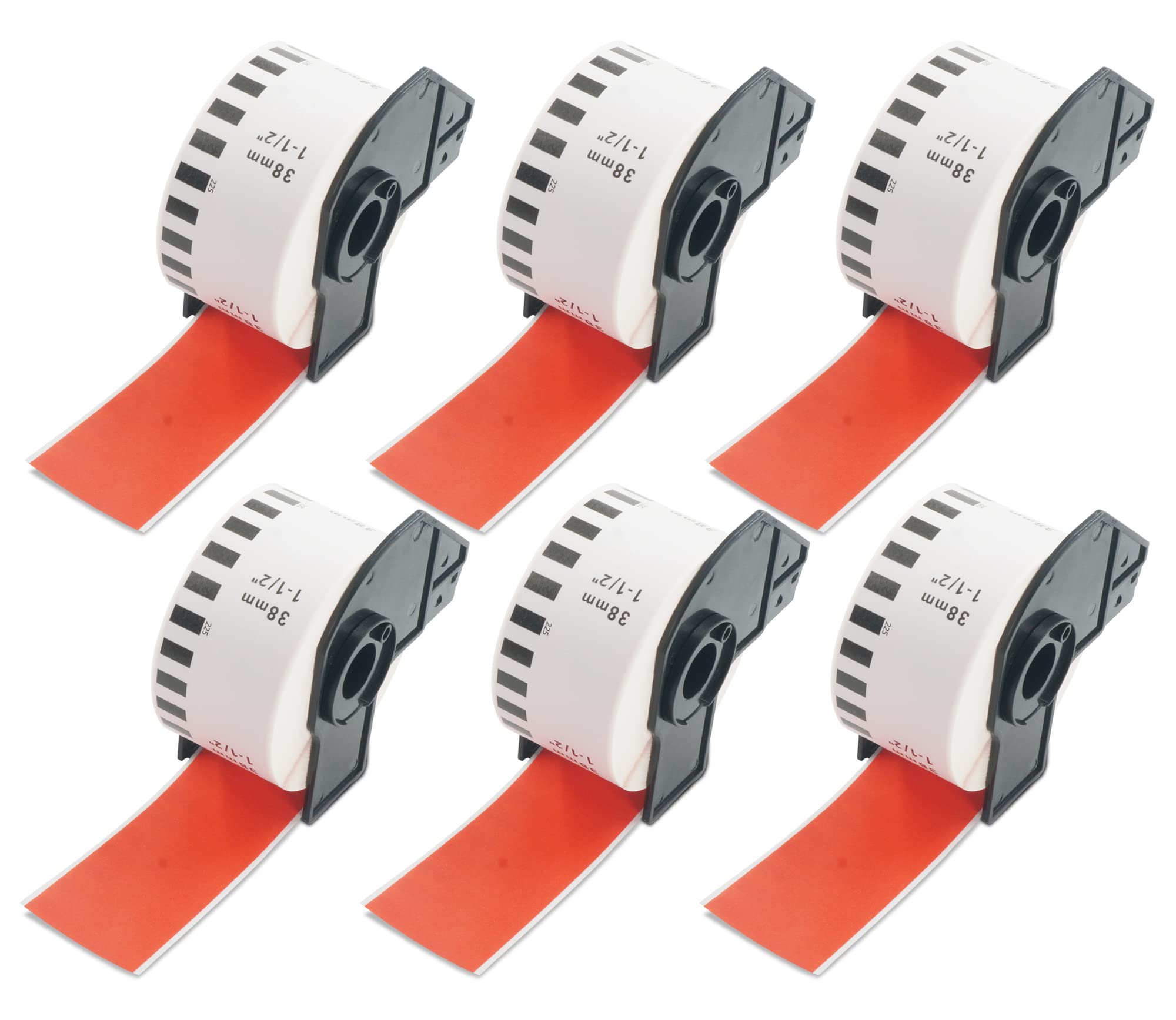 BETCKEY - 6 Rolls DK-22225 Colored Labels, 38mm x 30.48m, Black on Red, 6 Continuous Paper Labels Using for QL Label Printers