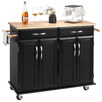 Kealive Kitchen Island on Wheels with Storage, Rubber Wood Top