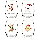 Slugeren Set of 4 Christmas Stemless Wine Glasses 17Oz, Xmas Party Decor Snowman Santa Milu Deer Wine Glass, Gift for Men Women Friends Family