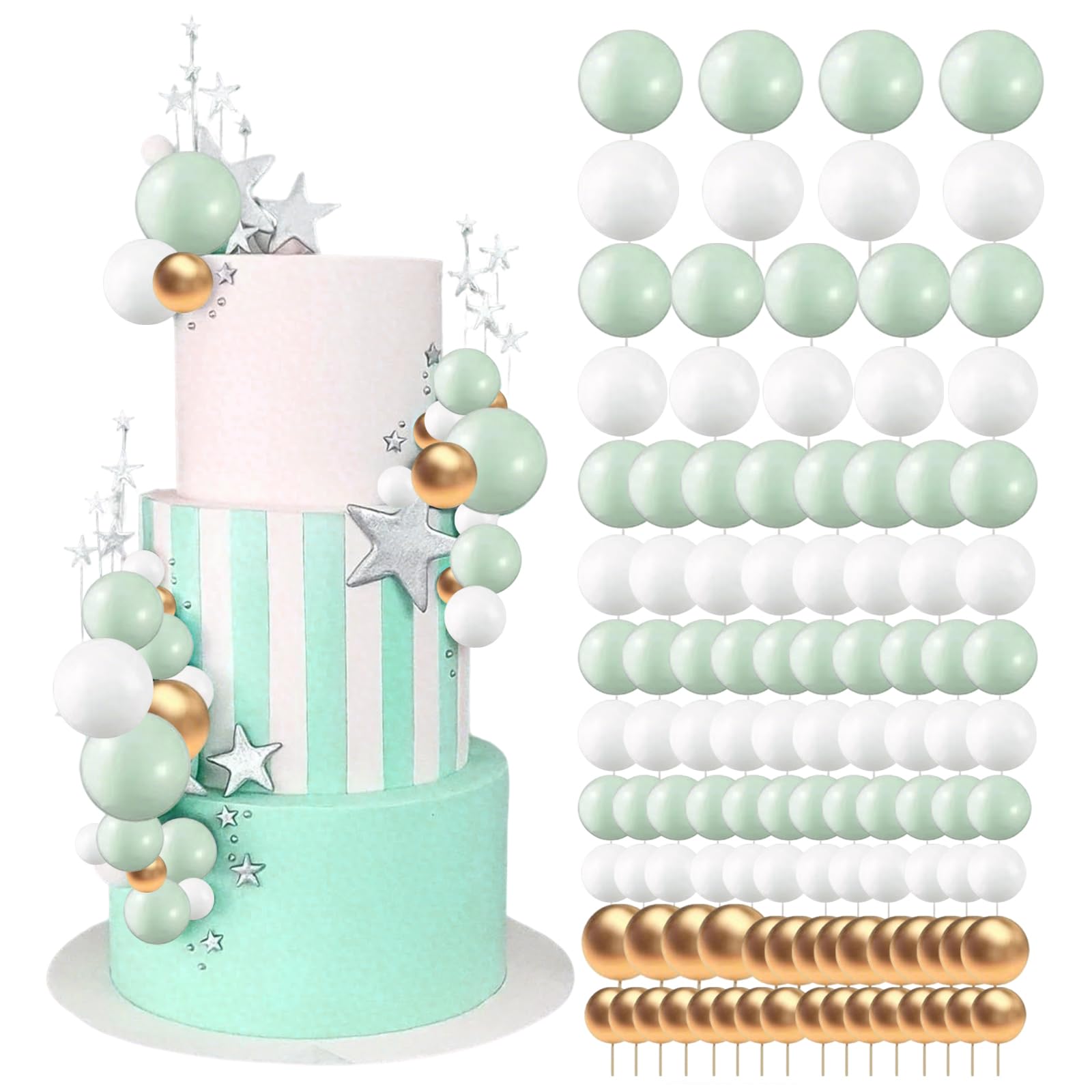 108 Pcs Ball Cake Topper Decorations, 5 Sizes Round Ball Cake Toppers, DIY Cake Insert Topper for Birthday Party Wedding Cakes Decorations (Green White Gold)