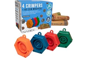 Nadex 48 Assorted Preformed Crimped End Coin Roll Wrappers with Color Coded Coin Wrapper Crimping Tool (Patent Pending), 12 Each of Nickels, Dimes, Pennies and Quarters