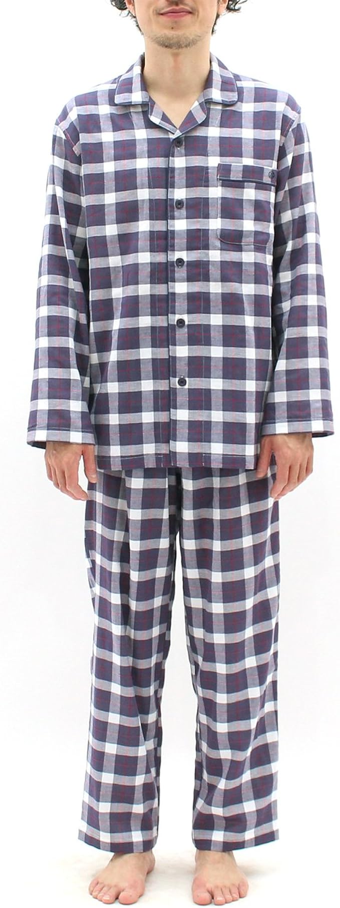 Amazon パジャマ屋 パジャマ ストレッチ 二重 ガーゼ ノビーゼ 長袖 前開き メンズ チェック柄 パジャマ 通販