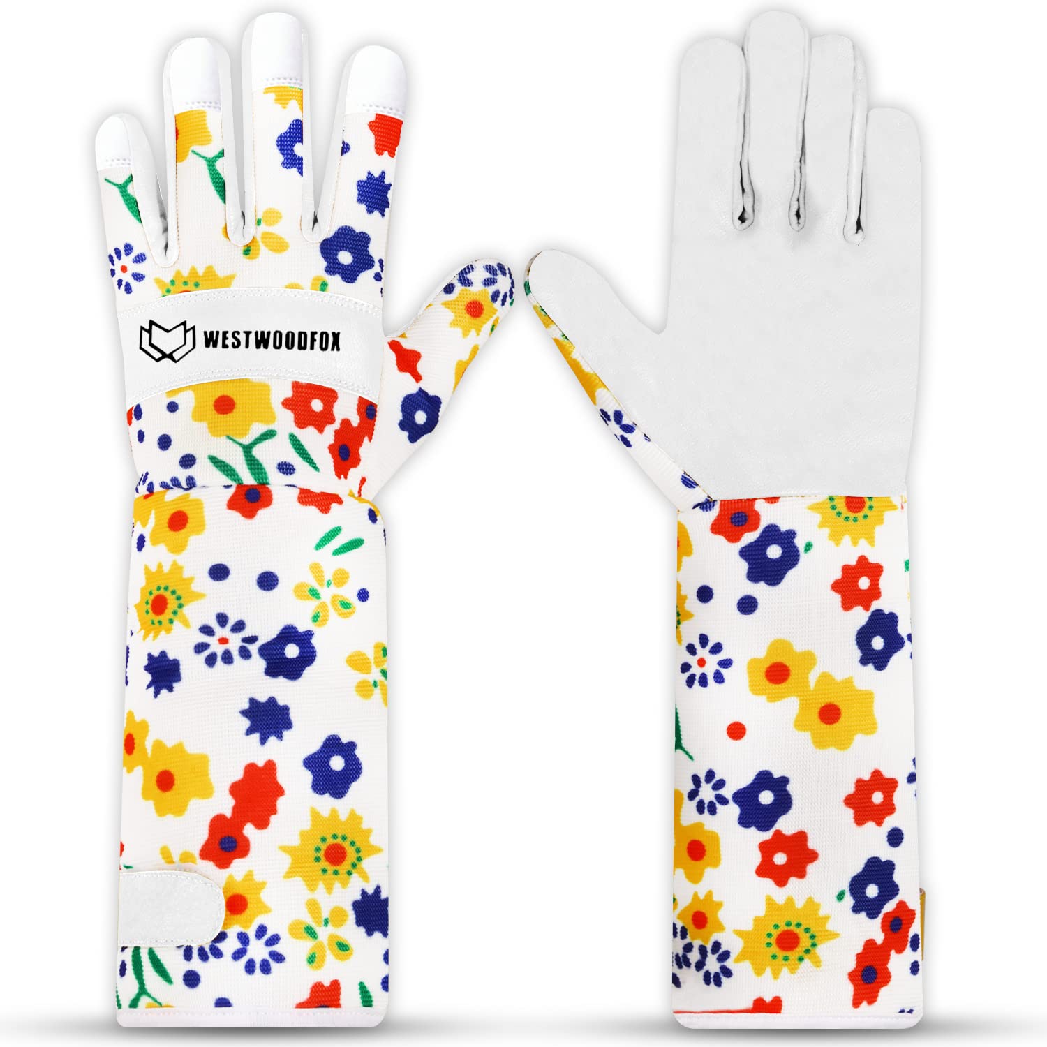 WESTWOOD FOX Leather Gardening Gloves Long Forearm Protection Sleeves Thorn Proof Work Gloves Rose Pruning Garden Safety Breathable Durable Thick Palm Gauntlet Gift for Men and Women (White, L)