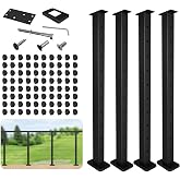 Level Drilled Cable Railing Post 36" (35"X2"x2"), Stainless Steel Black Square Deck Railing Post Flat Bracket, Pre-Drilled Level Holes Railing Post for Horizontal Cable System, Surface Mount Posts(4P)