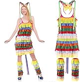Cotwinter 3 Pcs Pinata Halloween Costume for Women Multicolored Strap Dress Headband Leg Sleeve for Halloween Cosplay
