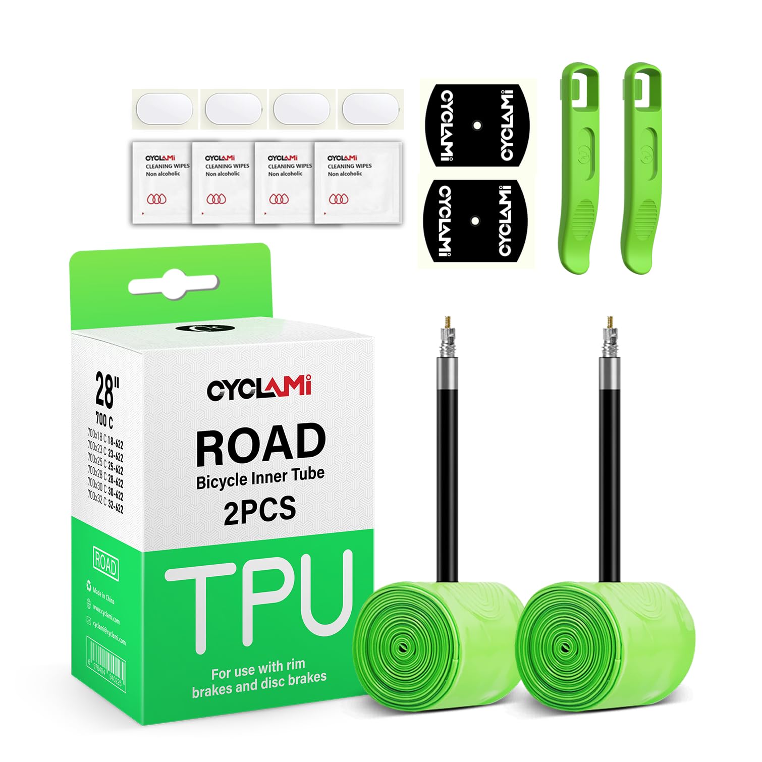 CYCLAMI 30g Ultralight 700C Bike Inner Tube TPU Road Bicycle Tire 28'' Compatible with 700x18/23/25/28/30/32C Presta Valve 45/65/85mm(Include Bike Inner Tire Patch Repair Kit)
