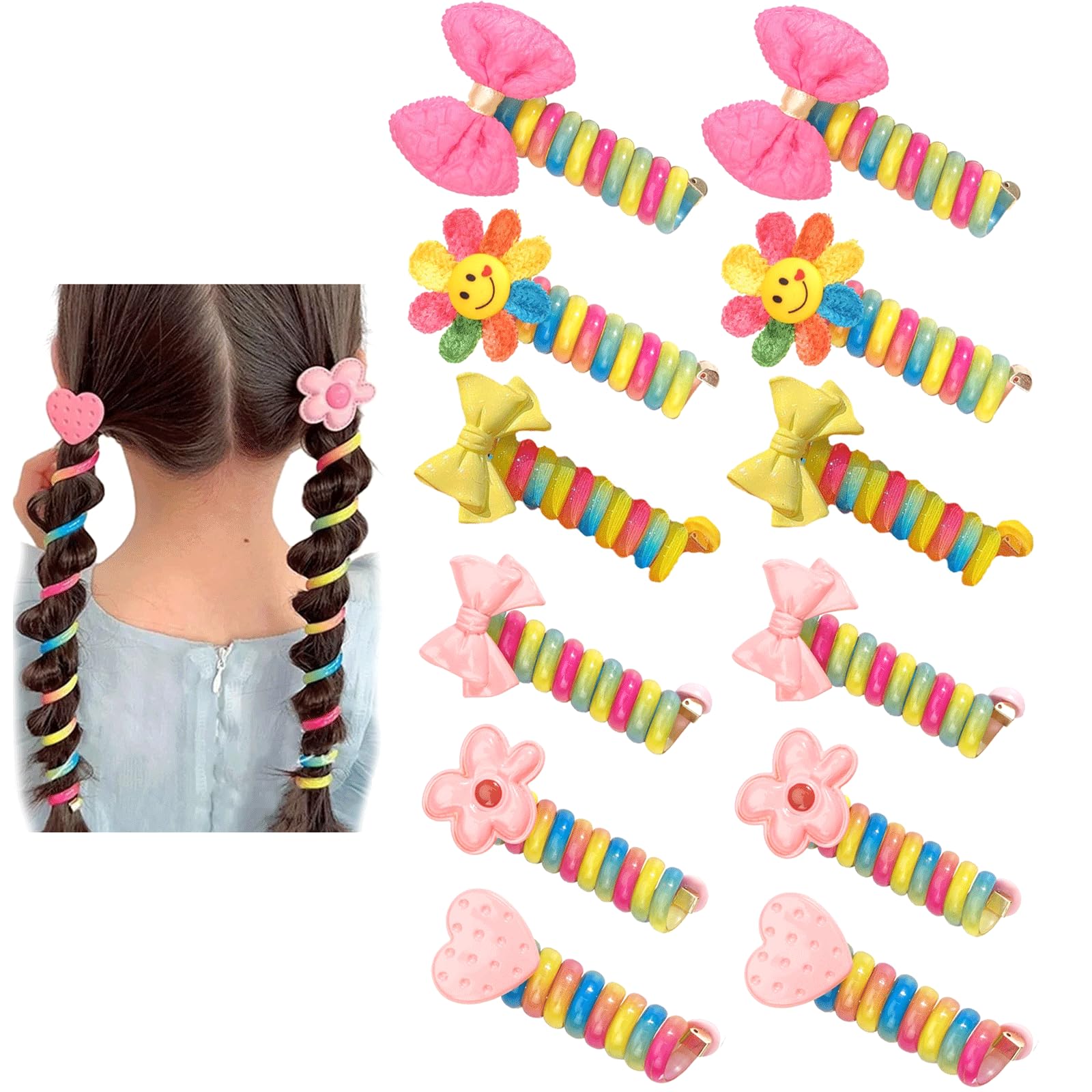 Photo 1 of 14PCS Rainbow Telephone Cord Hair Bands for Women, Colorful Bowknot Hair Ties, Flower Spiral Hair Ties, Phone Wire Hair Bands, Topsy Tail Hair Tool hair ties for Women, Braided Hair Accessories
