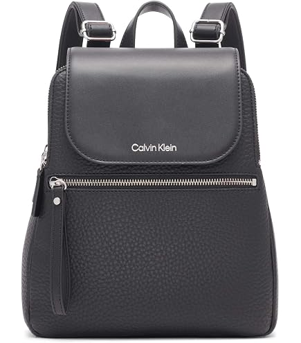 Calvin Klein Elaine Signature Flap Backpack, Almond/Taupe/White, One Size : Clothing, Shoes & Jewelry