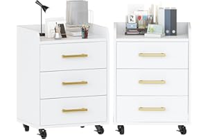 AWQM 2 PCS Office Cabinet with 3 Drawers, 15.66" D Mobile File Cabinet Under Table Drawers with Gold Handle, 2 Lockable Wheels, Filing Storage Cabinet for Homeoffice, Easy Assembly