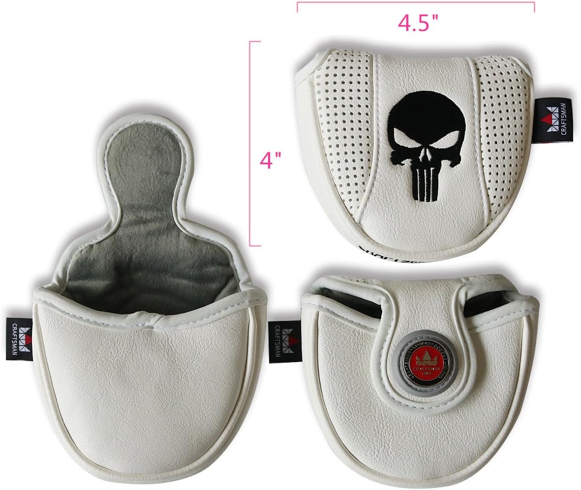 Craftsman Golf White Skull Skeleton Magnetic Heel Shaft Golf Mallet Putter Cover Headcover w/ Rose Red Ball Marker for Scotty Cameron Taylormade Odyssey Ping Mallet Club
