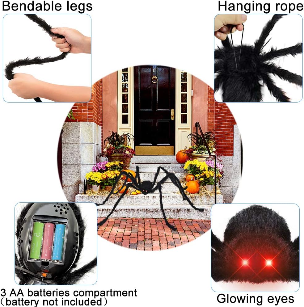 Halloween Spider Decorations, 4.1ft Scary Giant Spider with Red LED Eyes and Spooky Sound, 20pcs Small Plastic Spiders + 12ft Spider Web + 200sqft Cobwebs for Halloween Decor Outdoor, Indoor, Yard: Home & Kitchen