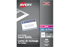 Avery Name Badge Inserts, 2.25" x 3.5", Print or Write, for Laser/Inkjet Printers, 400 Badge Inserts, (5390)