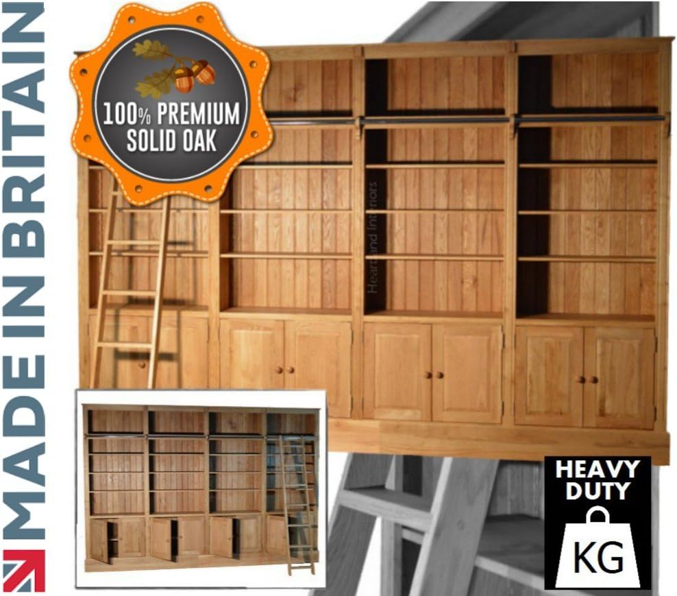 Traditional Solid Oak 8ft x 12ft Heavy Duty Library Bookcase with Ladder & Doors. Heartland Oak (BKL-LAD)