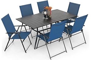 Anmutig 7 Pieces Folding Patio Dining Set, Metal Outdoor Patio Furniture Set of 7, Black Rectangular Dining Table with Umbrella Hole & 6 Folding Chairs for Garden Lawn, Deck, Backyard,Blue