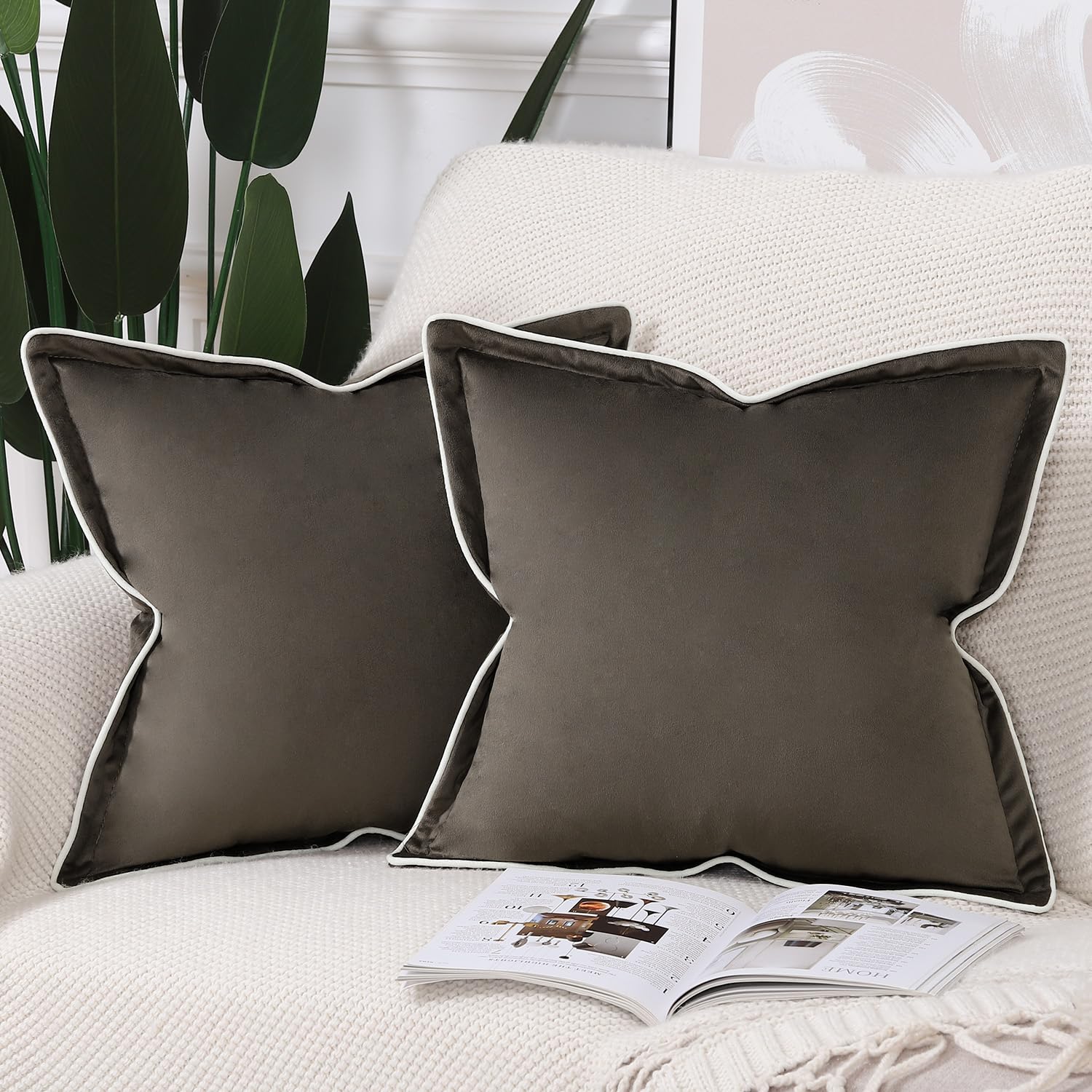 Madizz Set of 2 Velvet Fringed Throw Pillow Covers 24x24 inch, 60x60 cm, Dark Taupe Soft Decorative Cushion Cover for Sofa Bedroom Pillow Shell