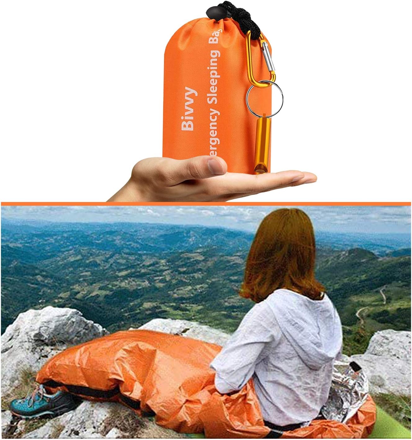 AMOYON Emergency Bivy Sack, Survival Sleeping Bag Emergency Blanket Lightweight and Compact Survival Gear for Outdoor, Hiking, Camping with Portable Drawstring Bag + Whistle + Carabiner(orange-one pack) : Sports & Outdoors