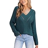CUPSHE Womens Sweaters Long Sleeve Scalloped V Neck Casual Sweater Trendy Hollow Out Sweater Tops