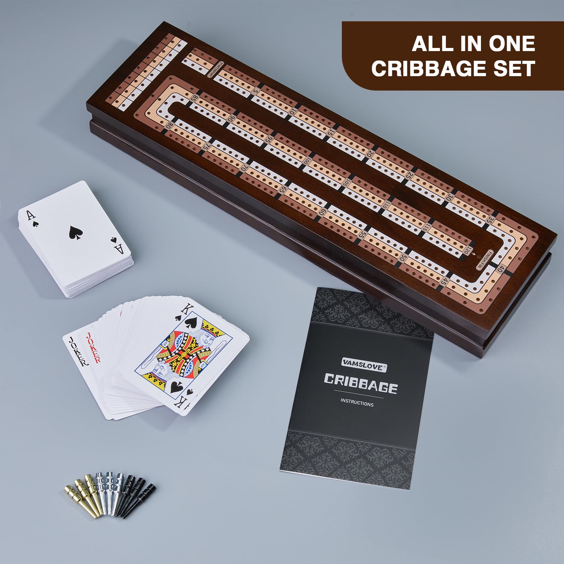 VAMSLOVE Wooden Cribbage Board Game Magnetic 3-Track Scoreboard with Large Slots for Storing 2 Playing Cards and 9 Metal Pegs, Travel Family Game Night (Instruction Included