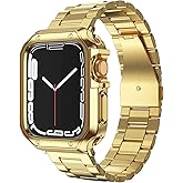 Compatible with Apple Watch Band and Case, Stainless Steel Metal Chain with TPU Cover, Smart-Watch Link Bracelet Strap, Wrist-Band for i-Watch Series 9 8 7 6 5 4 3 2 1 SE, 45mm 44mm 42mm, Gold