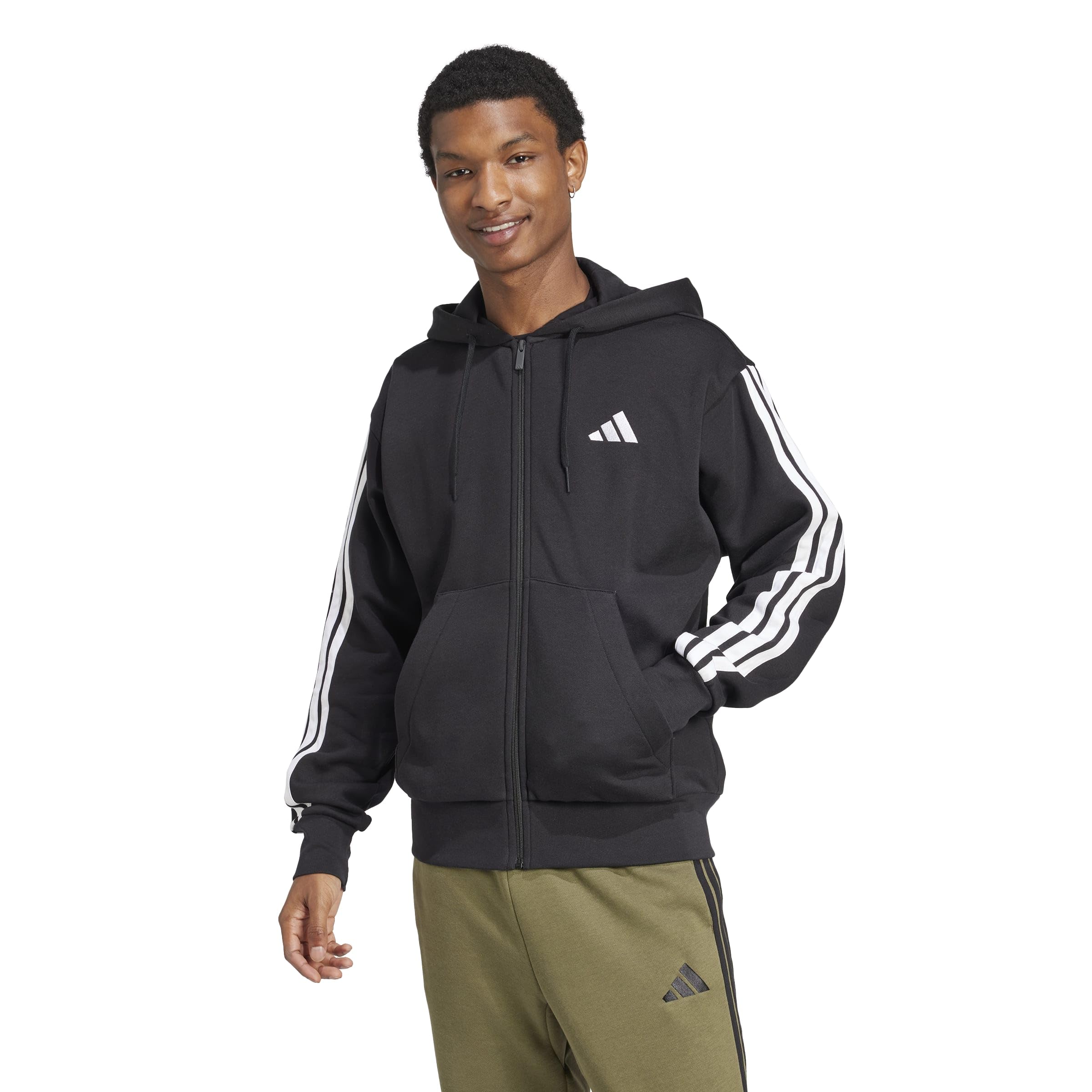adidas Men’s Essentials 3-Stripes Fleece Full-Zip Hooded Track Top, Black/White, X-Large