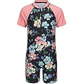 Girls Short Sleeve Rash Guard One Piece Swimsuits Zipper Front Bathing Suit Sun Protection 3-16 Years