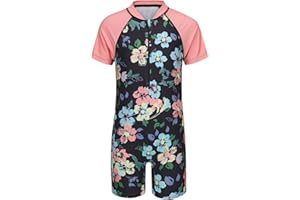 MOON TREE Girls Short Sleeve Rash Guard One Piece Swimsuits Zipper Front Bathing Suit Sun Protection 3-16 Years