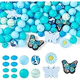 Cheriswelry 96Pcs Butterfly Silicone Bead for Keychain Bracelet Blue Focal Beads Round Rondelle Loose Beads Flower Bead 12-25.5mm for DIY Spring Supplies Jewelry Making