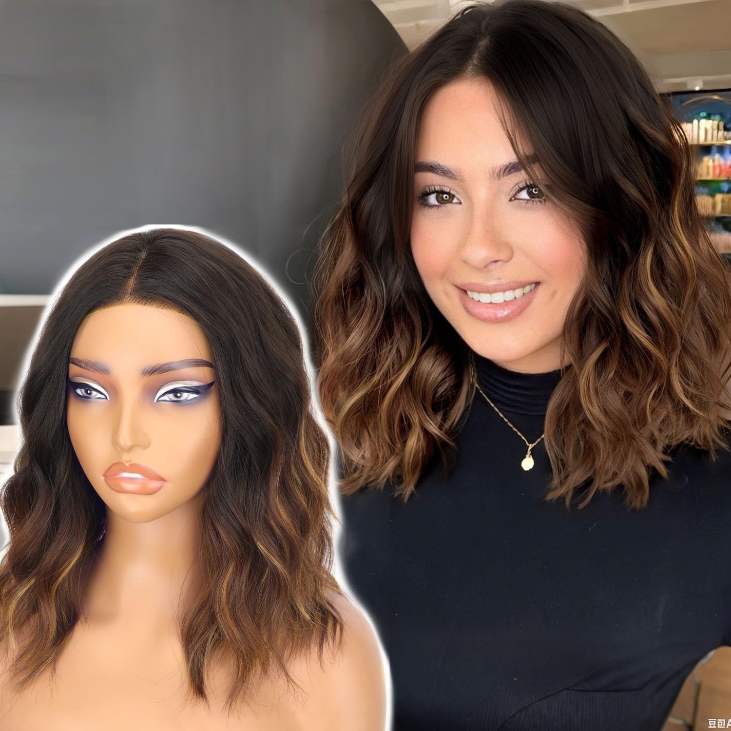 Photo 1 of AISI HAIR 14 Inch Brown with Blonde Highlight Wigs for Women - Shoulder Length Wave Wig with Pre-Cut Lace Hairline, Middle Part Natural Wavy Bob Synthetic Heat Resistant Fiber for Daily and Party