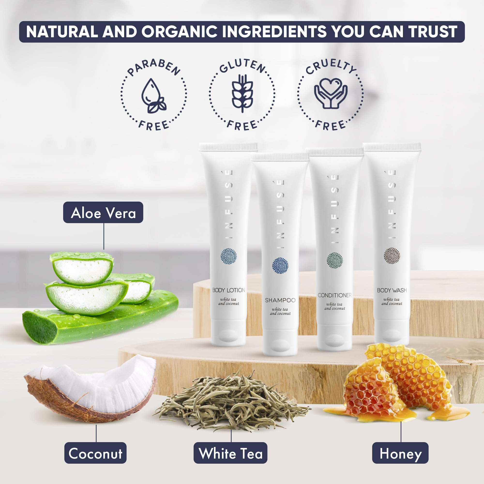 Infuse White Tea & Coconut Hotel Toiletries Bulk Set | 1-Shoppe Amenities Kit | 1oz Shampoo & Conditioner, Body Wash, Lotion | Travel Size | 80 Pieces