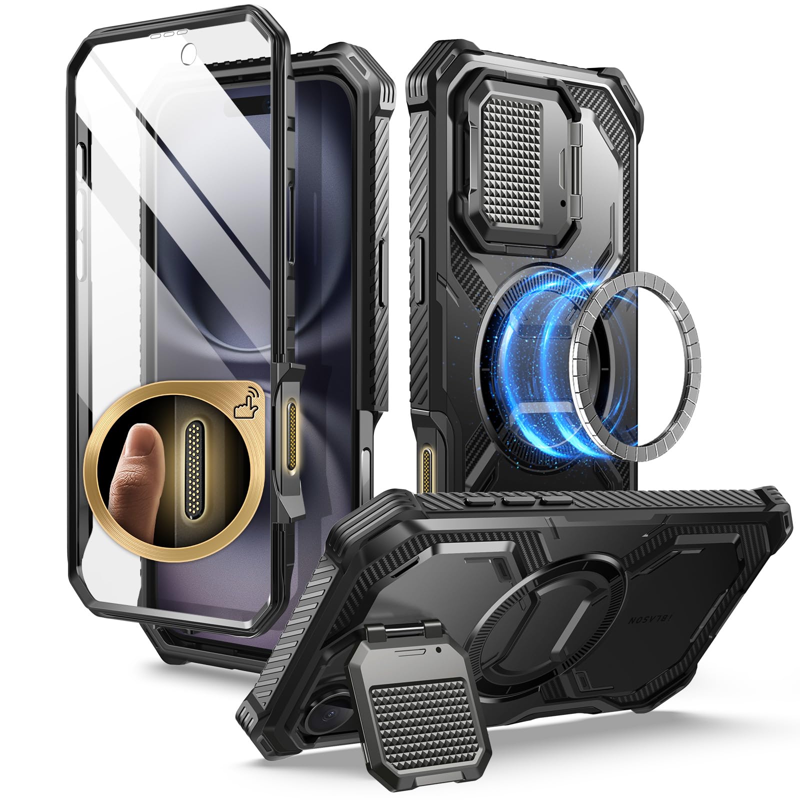 i-Blason Armorbox for iPhone 16 Case with Camera Cover Stand [MagSafe Compatible] [Military Protection] Full-Body Rugged Protective Phone Case with Built-in Screen Protector & Kickstand (Black)
