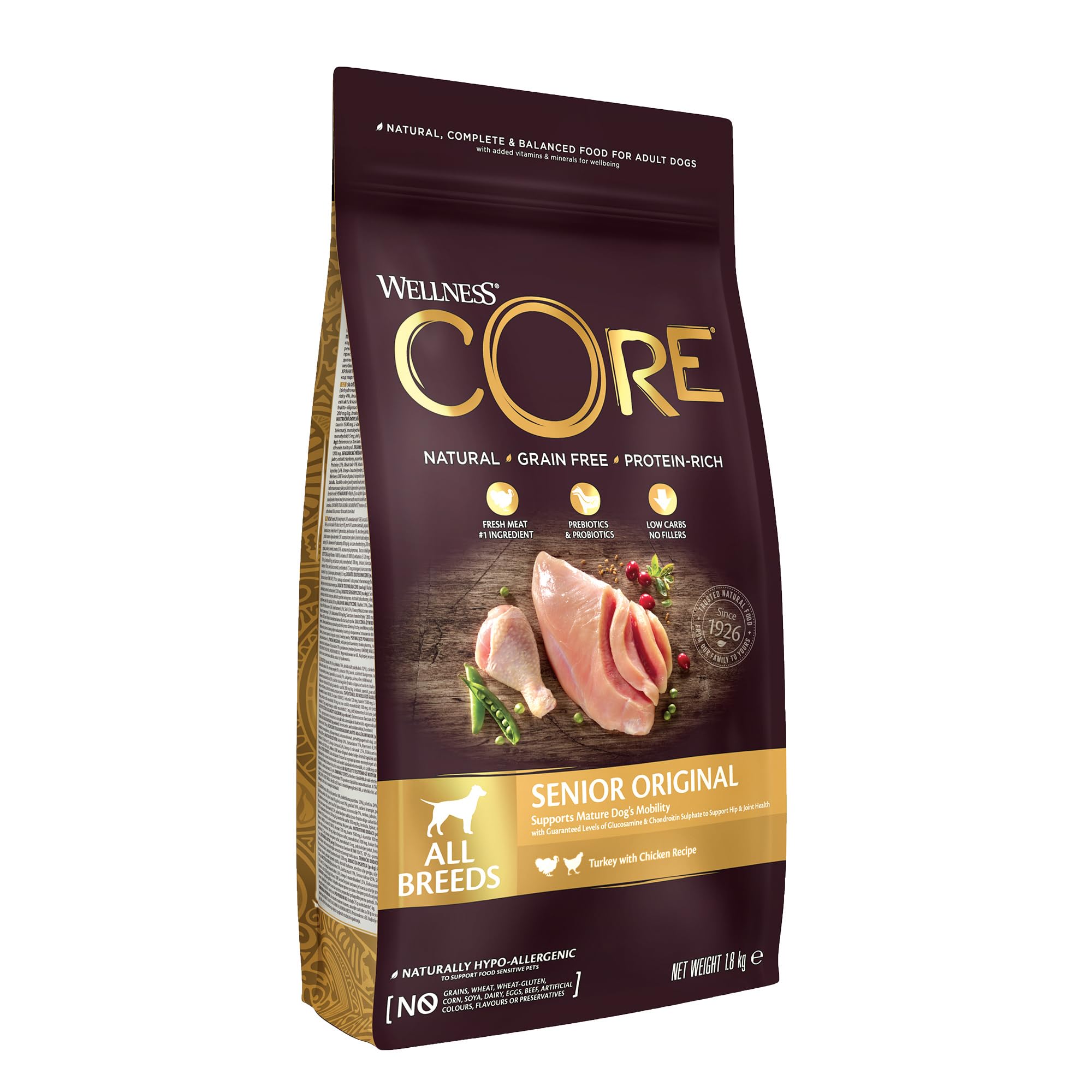 Wellness CORE Senior 1.8 kg, Chicken & Turkey – Dry Dog Food for Mature Dogs from 7 Years, Grain-Free, Natural, Hypoallergenic, Protein-Rich, High Meat Content, Supports Healthy Hips & Joints