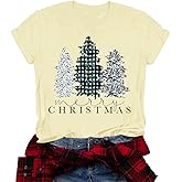 Christmas Shirts for Women Cute Xmas Tree Merry Graphic Tees Vintage Short Sleeve T-Shirt Casual Holiday Tops