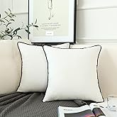 LIGICKY Set of 2 White Velvet Throw Pillow Covers Modern Minimalist Style Solid Decorative Black Rope Edging Soft Square Cushion Cases for Sofa Bedroom Party Décor, 20 x 20 inch