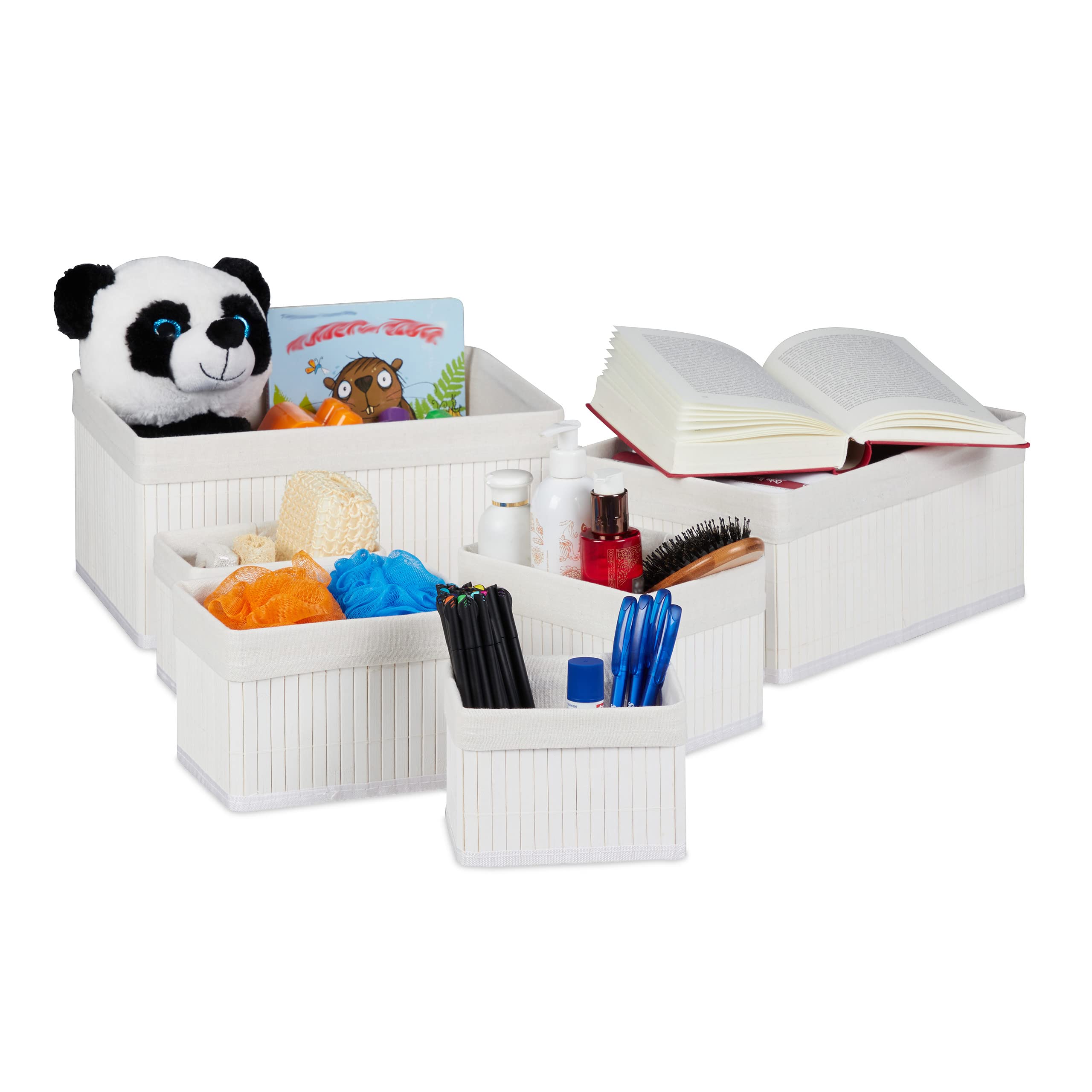 Relaxdays Set of 6 Bamboo Storage Baskets, Various Sizes, Shelves Organiser, Fabric Cover, Square, Decorative, White