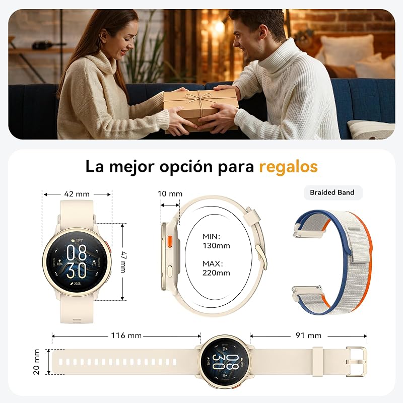 Relógio inteligente feminino, smartwatch redondo de 1,27" para iPhone/Samsung/Android, 2 alças e 120+ modos desportivos, monitor de sono com funções de saúde e fitness 3ATM à prova de água, cáqui