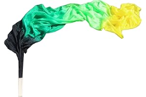 Winged Sirenny Belly Dance Silk Fan Veils Adjustable Pairs, 70"(180 cm) Worship Praise Flags Streamers(black-green-yellow)