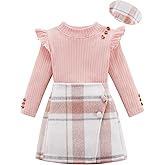 Patgoal Toddler Girls Fall Winter Clothes 3 Piece Outfits Kids Long Sleeve Ribbed Knit T Shirt Sweater Plaid Mini Skirt Set