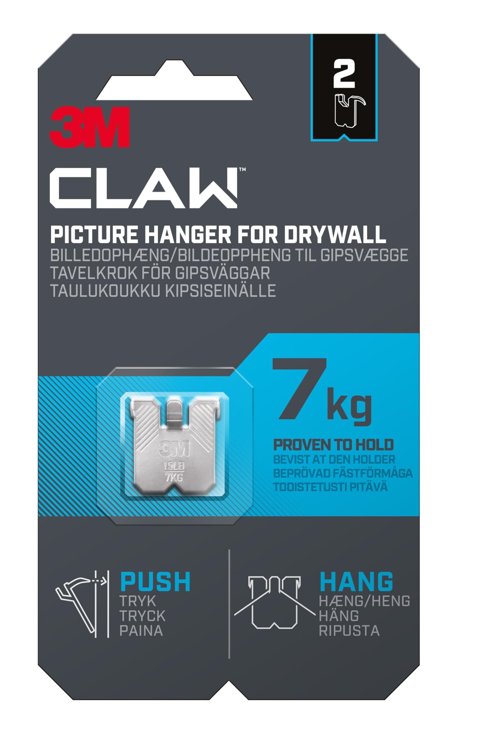 3M CLAW Picture Hooks for Hanging Paintings on Plaster Walls, 2 Hooks - Maximum Weight Tested up to 7 kg - Ideal for Attaching Heavy Objects, Mirrors, Home Decor, No Tools