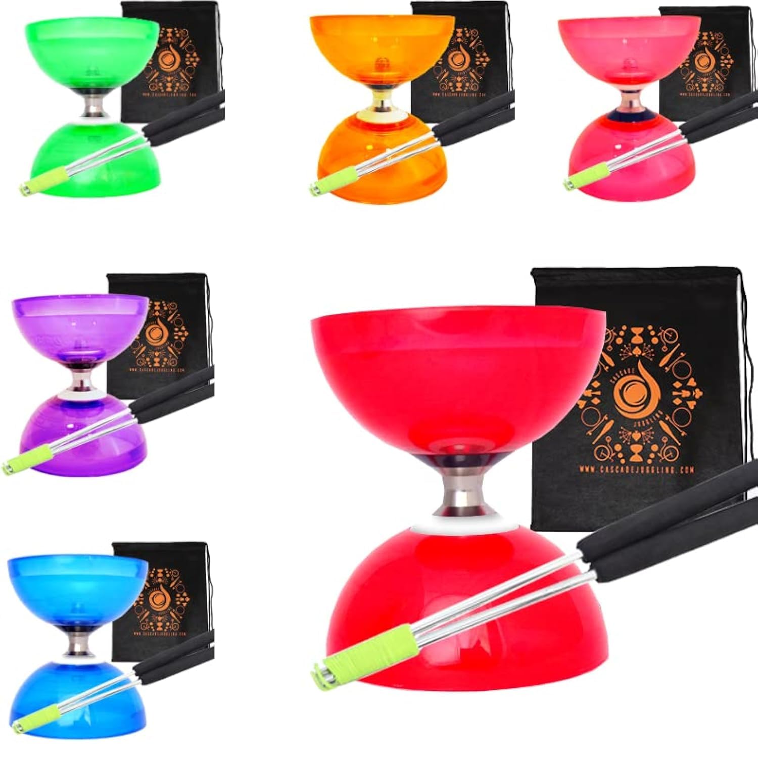 Quartz Triple Bearing Clutch Diabolo Set with Aluminium 'Metal' Sticks, Diabolo String and Cascade Carry Bag (Red with Silver Handsticks) — image 1