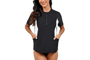 Halcurt Women's Short Sleeve Rash Guard Swim Shirts with Built in Bra Pockets UPF50+ Sun Protection Swimsuit Top