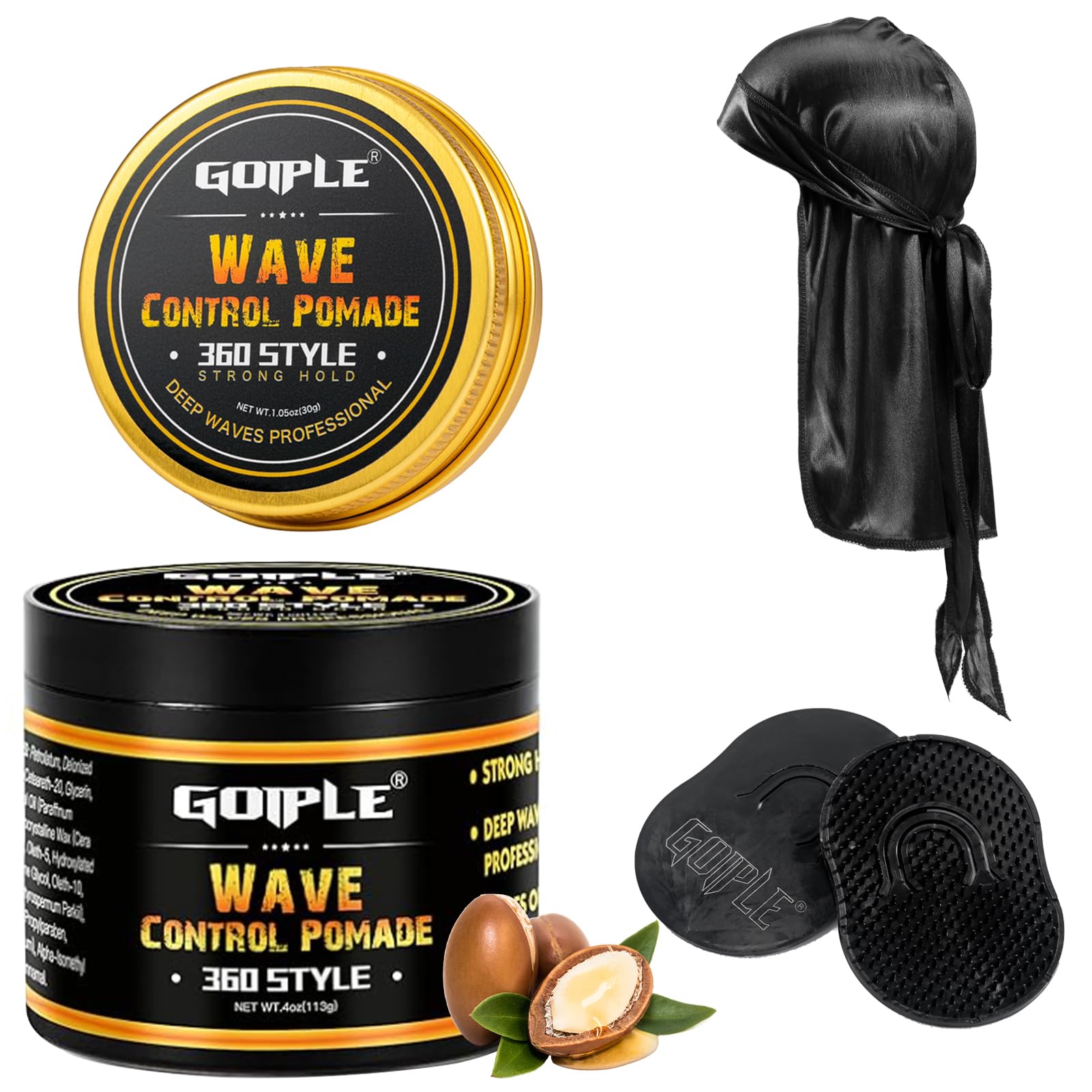 Natural wavy pomade for men, with strong hold, easy to clean - promotes moisture, includes 2 x waves brush for men & 1 x Durag satin for perfect waves 360